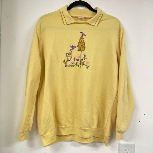Vintage Yellow Grandma Core Kitten Birdhouse Embroidered Collared Sweater L/XL - Picture 1 of 8